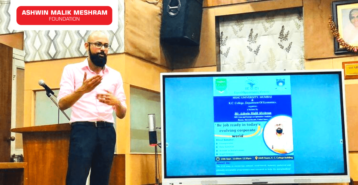 Our Chairman, Mr. Ashwin Malik Meshram invited as a Guest Speaker by the Equal Opportunity Centre to address the students of HSNC University at KC College.