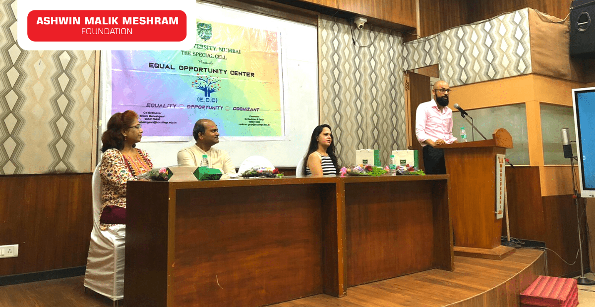 Our Chairman, Mr. Ashwin Malik Meshram invited as a Guest Speaker by the Equal Opportunity Centre to address the students of HSNC University at KC College.